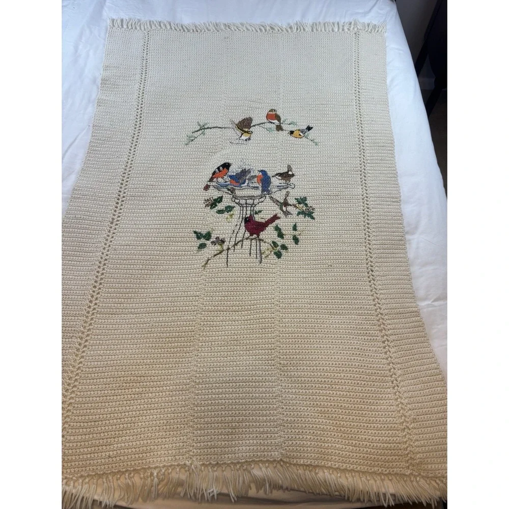 Handmade Colorful Birds Cream Crochet Knit Afghan‎ Throw Blanket w/ Fringe 37x57